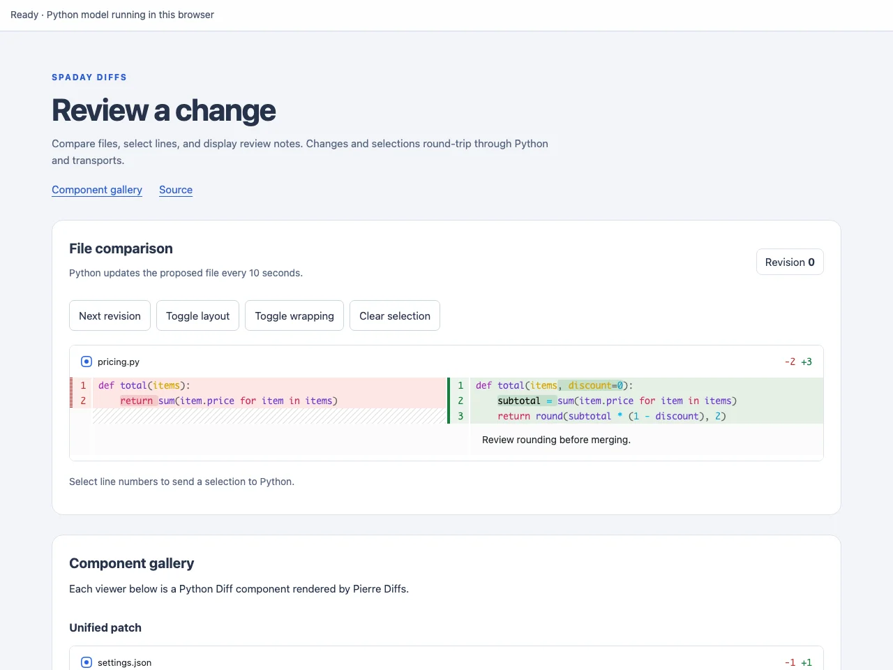 File comparison and component gallery